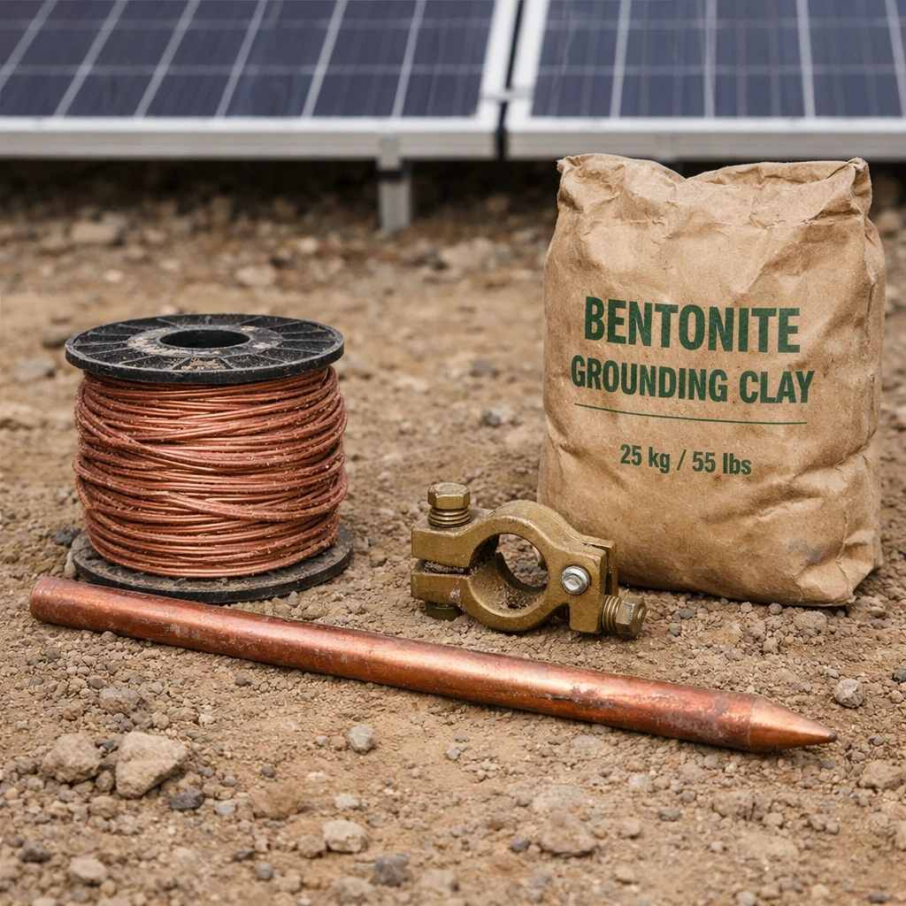 تجهیزات چاه ارت خورشیدی شامل سیم، صفحه و بنتونیت