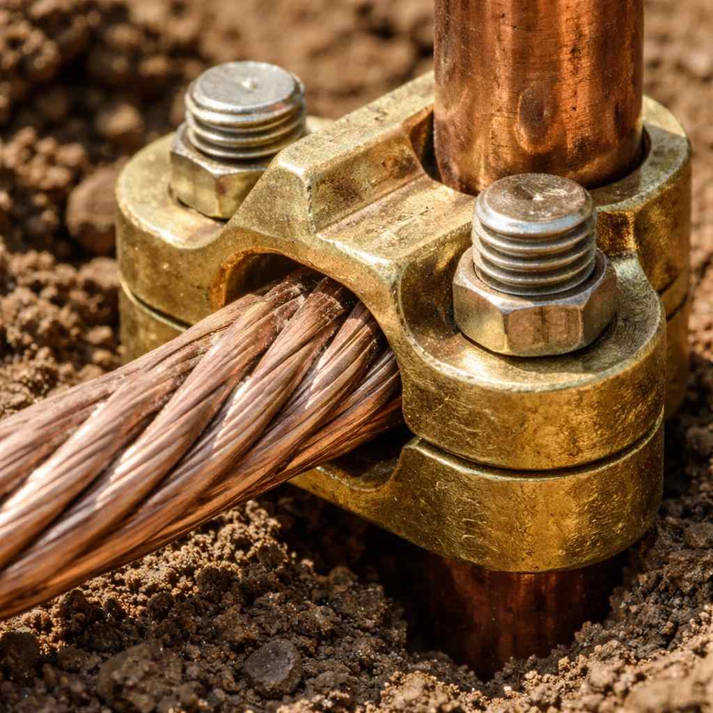 اتصال سیم مسی به میله ارت با استفاده از کلمپ برنجی