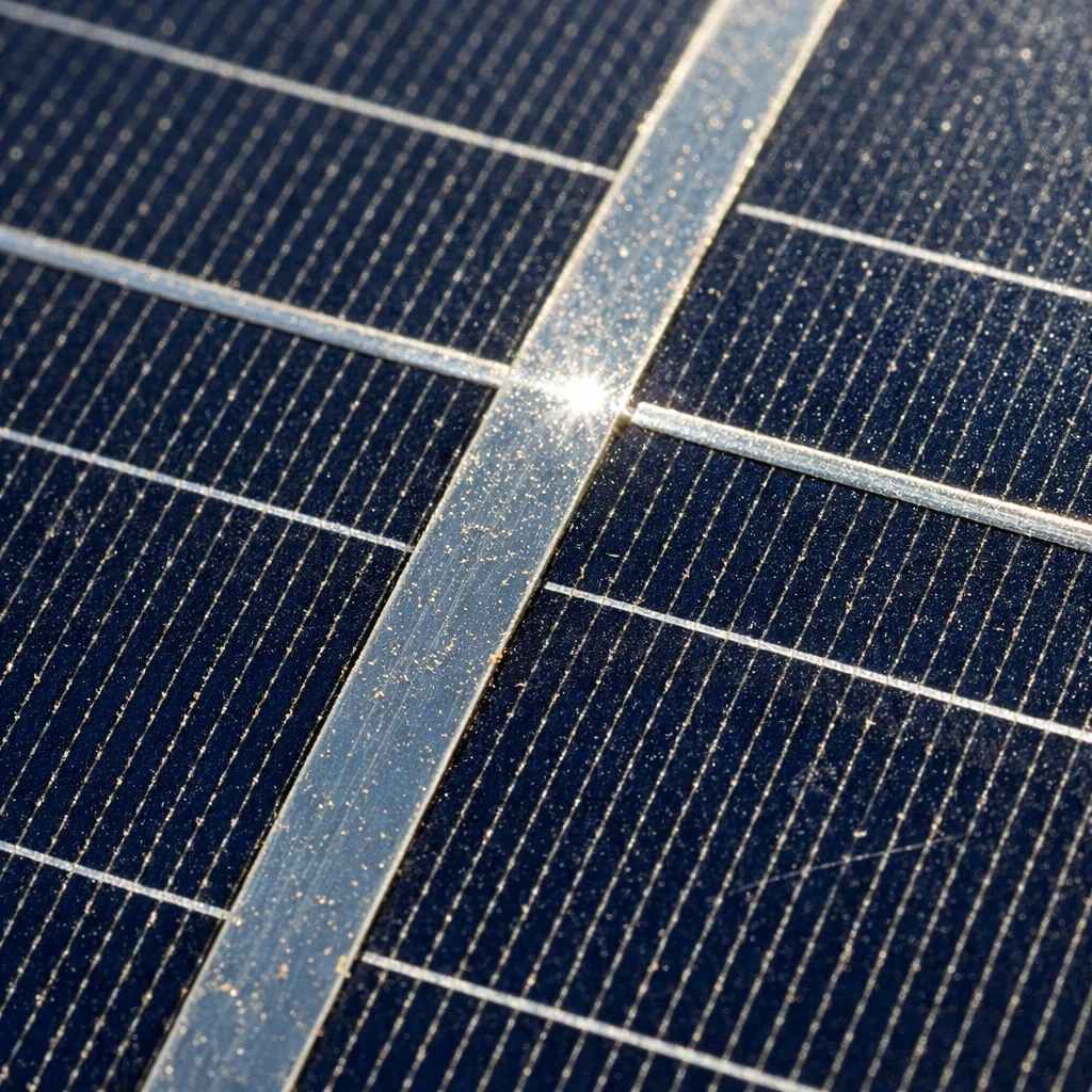 نمای میکروسکوپی از سلول‌های سیلیکونی و خطوط اتصال پنل خورشیدی